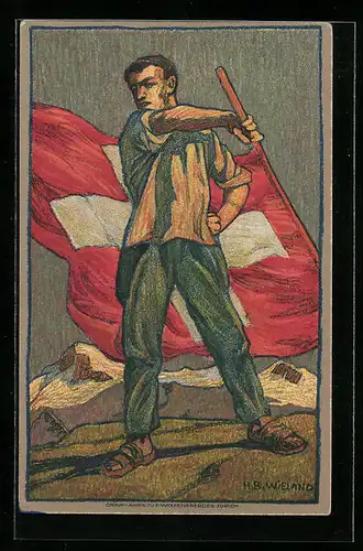 Künstler-AK Schweizer Bundesfeier 1912, Fahnenschwenker, Ganzsache
