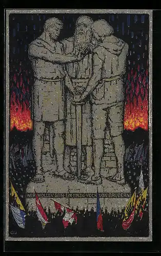 Künstler-AK Schweizer Bundesfeier 1915, Denkmal mit Inschrift Wir wollen sein, ein einzig Volk von Brüdern, Ganzsache