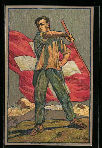 Künstler-AK Schweizer Bundesfeier 1912, Schweizer mit Flagge, Ganzsache