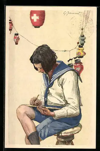 Künstler-AK Schweizer Bundesfeier 1925, Mädchen in Marineuniform schreibt etwas auf, Ganzsache