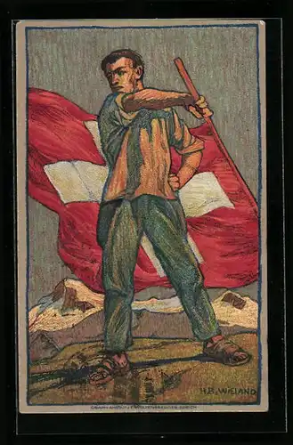 Künstler-AK Schweiz, Schweizer Bundesfeier 1912, Schweizer mit Flagge, Ganzsache