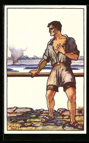 Künstler-AK Schweizer Bundesfeier 1924, Mann beobachtet einen Brand, Ganzsache