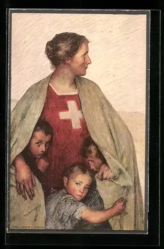 Künstler-AK Schweizer Bundesfeier 1917, Helvetia beschützt ihre Kinder, Ganzsache