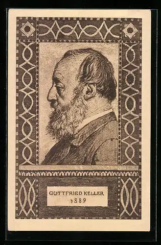 Künstler-AK Seitenportrait des Dichters Gottfried Keller, Schweizer Bundesfeier 1919, Ganzsache