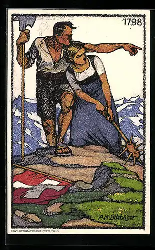 Künstler-AK Schweizer Bundesfeier 1913, Bauerpaar auf einem Berggipfel, Ganzsache