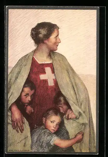 Künstler-AK Schweizer Bundesfeier 1917, Helvetia beschützt ihre Kinder, Ganzsache