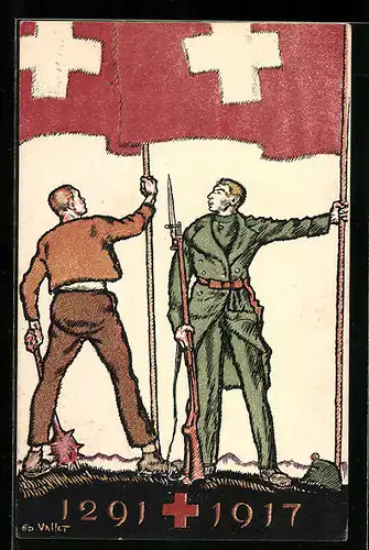Künstler-AK Schweizer Bundesfeier 1917, Soldat und Bürger hissen die Flagge des Landes, Ganzsache
