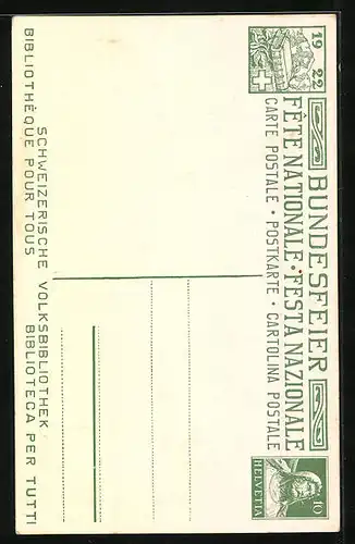 Künstler-AK Schweizer Bundesfeier 1922, Schweizerische Volksbibliothek, Ganzsache