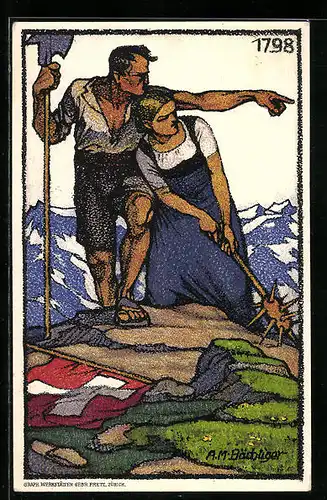 Künstler-AK Schweizer Bundesfeier 1913, wehrhaftes Bauernpaar auf einem Berggipfel, Ganzsache
