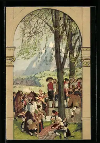 Künstler-AK Schweizer Bundesfeier 1918, Das Volk versammelt sich, Ganzsache