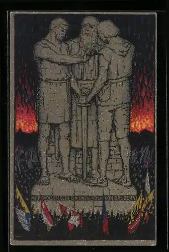 Künstler-AK Schweizer Bundesfeier 1915, Denkmal mit Inschrift Wir wollen sein, ein einzig Volk von Brüdern, Ganzsache
