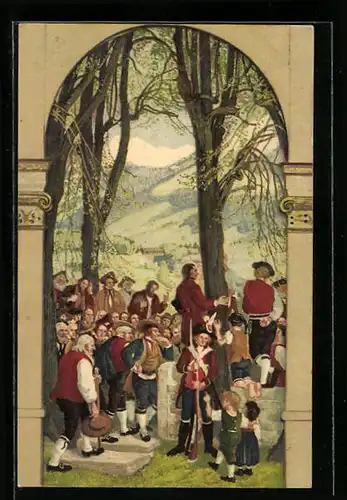 Künstler-AK Schweizer Bundesfeier 1918, Bürger versammeln sich, Ganzsache