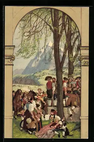 Künstler-AK Schweizer Bundesfeier 1918, Das Volk versammelt sich, Ganzsache