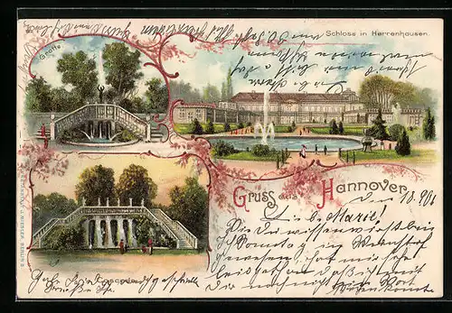 Lithographie Hannover, Schloss in Herrenhausen, Grotte, Cascade