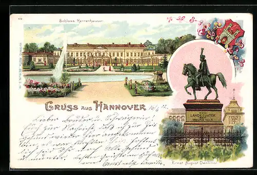 Lithographie Hannover, Schloss Herrenhausen, Ernst August Denkmal