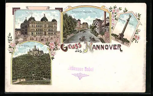 Lithographie Hannover, Marienburg, Post, Waterloosäule