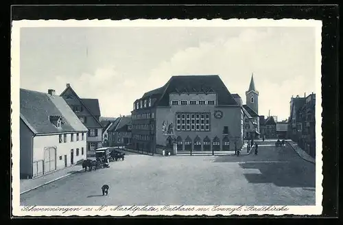 AK Schwenningen a.N., Marktplatz, Rathaus und evangelische Stadtkirche