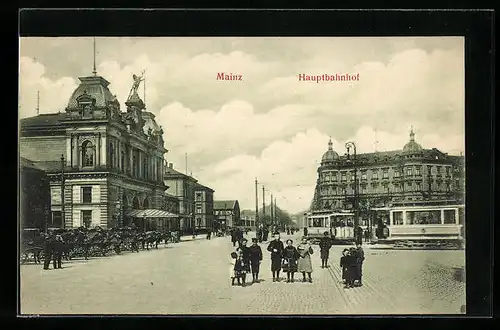 AK Mainz, Hauptbahnhof mit Strassenbahn