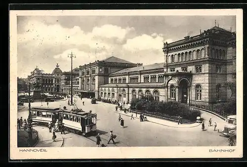 AK Hannover, Bahnhof mit Strassenbahn