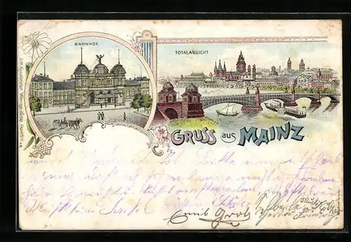 Lithographie Mainz, Bahnhof, Totalansicht