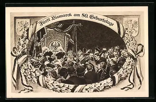 AK Bismarck mit Menschengruppe an seinem 80. Geburtstag