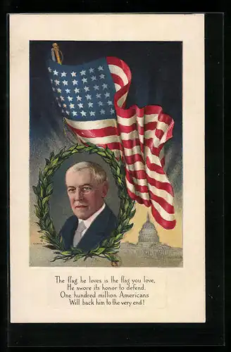 AK Portrait Woodrow Wilson und amerikanische Nationalflagge