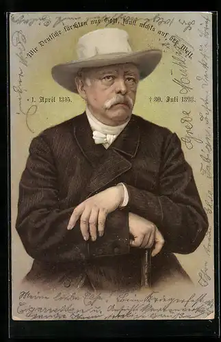 Künstler-AK Otto von Bismarck mit Hut und Spazierstock, 1. April 1815 - 30. Juli 1898
