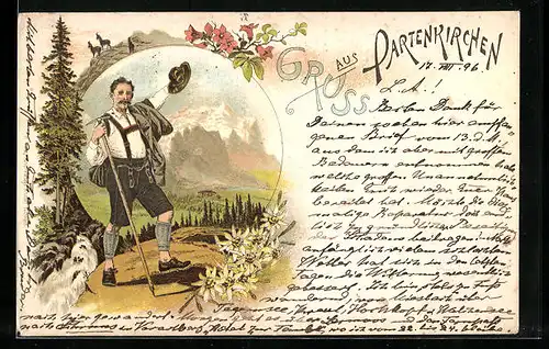 Lithographie Partenkirchen, Wandersmann winkt zum Gruss mit seinem Hut