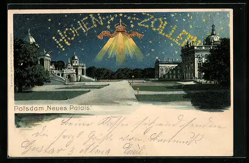 Lithographie Potsdam, Parkanlagen am neuen Palais, Hohenzollern