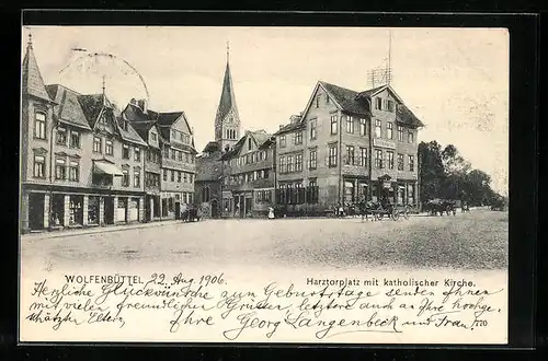 AK Wolfenbüttel, Harztorplatz mit katholischer Kirche, Hotel Kronprinz