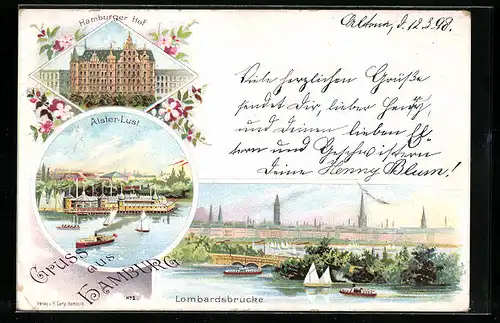 Lithographie Hamburg-Neustadt, Hotel Hamburger Hof, Alster-Lust, Lombardsbrücke