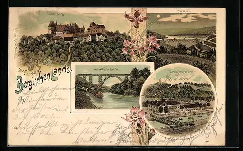 Lithographie Wuppertal, Kaiser Wilhelm Brücke, Kohlfurtherbrücke, Schloss Burg