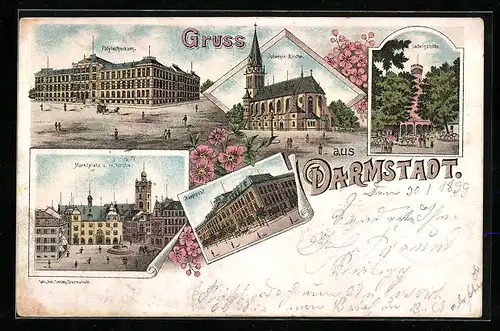Lithographie Darmstadt, Polytechnikum, Johannis-Kirche, Ludwigshöhe, Marktplatz, Hauptpost