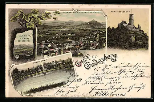 Lithographie Godesberg, Teilansicht und das Siebengebirge, Ruine, Neuer Curpark
