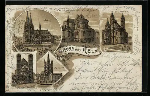 Lithographie Köln, Dom, St. Aposteln, St. Maria im Capitol, St. Gereon, St. Martin