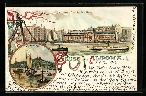 Lithographie Hamburg-Altona, Blankenese, Fischhalle, Wappen
