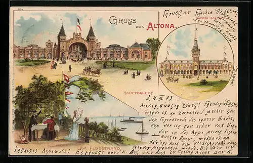 Lithographie Hamburg-Altona, Kaiserliches Postamt, Hauptbahnhof, Elbstrand