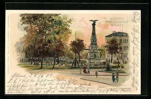 Lithographie Hamburg-Altona, Krieger-Denkmal und Palmaille