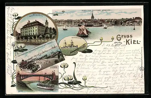Lithographie Kiel, Schloss Resid. Prinz Heinrich v. Pr., Gesamtansicht, Seegarten-Schlossbrücke, Lewensaner Hochbrücke