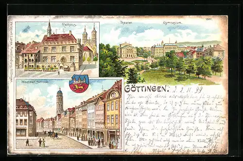 Lithographie Göttingen, Rathaus, Weender-Strasse, Theater u. Gymnasium