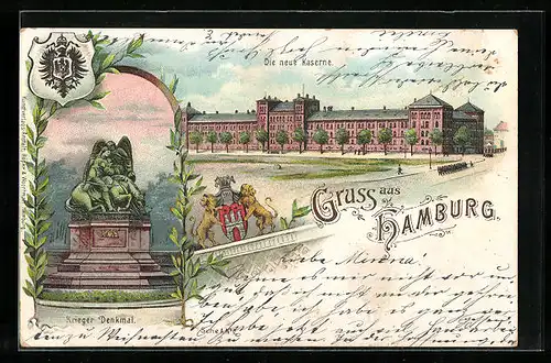 Lithographie Hamburg, Kriegerdenkmal, Die neue Kaserne