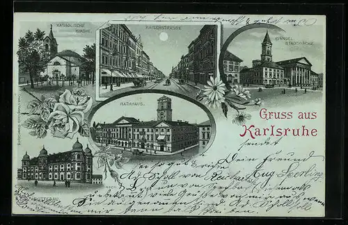Lithographie Karlsruhe, Rathhaus, Kaiserstrasse, Kathol. Kirche, Gottesau, Ev. Kirche