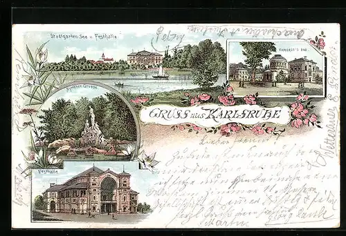Lithographie Karlsruhe, Vierordts Bad, Festhalle, See im Stadtgarten
