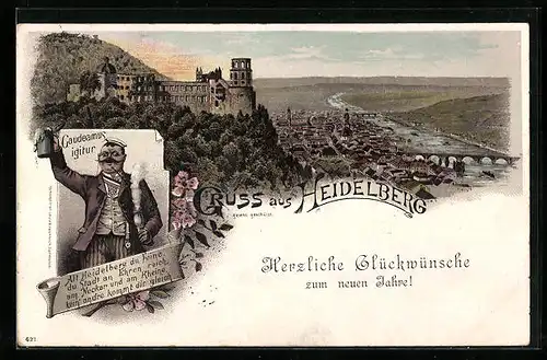 Lithographie Heidelberg, Ortspanorama mit Schloss, Gaudeamus igitur