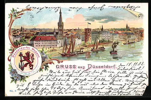 Lithographie Düsseldorf, Teilansicht mit Booten, Wappen