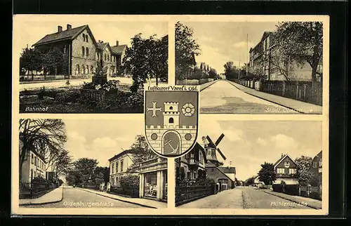 AK Varel i. Old., Bahnhof, Städtische Oberschule, Mühlenstrasse mit Windmühle