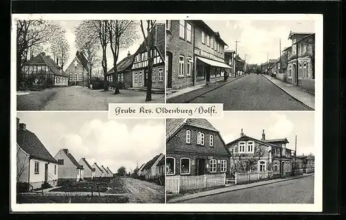 AK Grube / Holst., Gasthaus Post, Strassenpartie mit Kirche, Siedlung