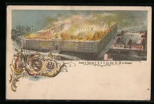 Lithographie Zwickau, Grosser Brand der Kaserne d. K. S. Inf.-Reg. No. 133