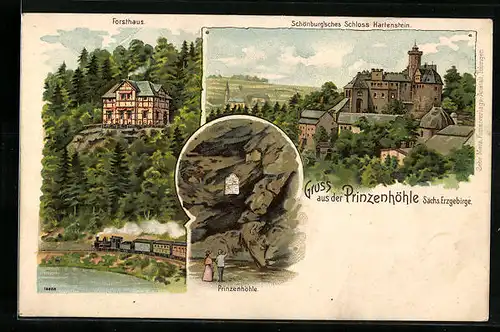 Lithographie Hartenstein, Forsthaus, Schönburg`sches Schloss Hartenstein, Prinzenhöhle