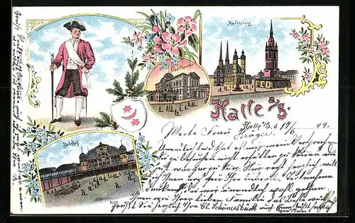 Lithographie Halle /Saale, Marktplatz, Stadt-Theater, Bahnhof